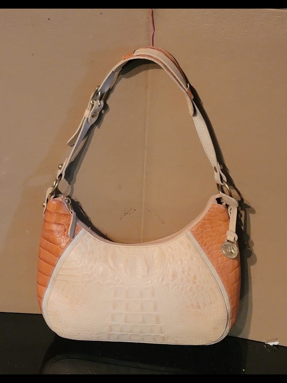BRAHMIN Two-Tone Cream and Tan Croc-Embossed Shoulder Bag - Picture 9 of 16